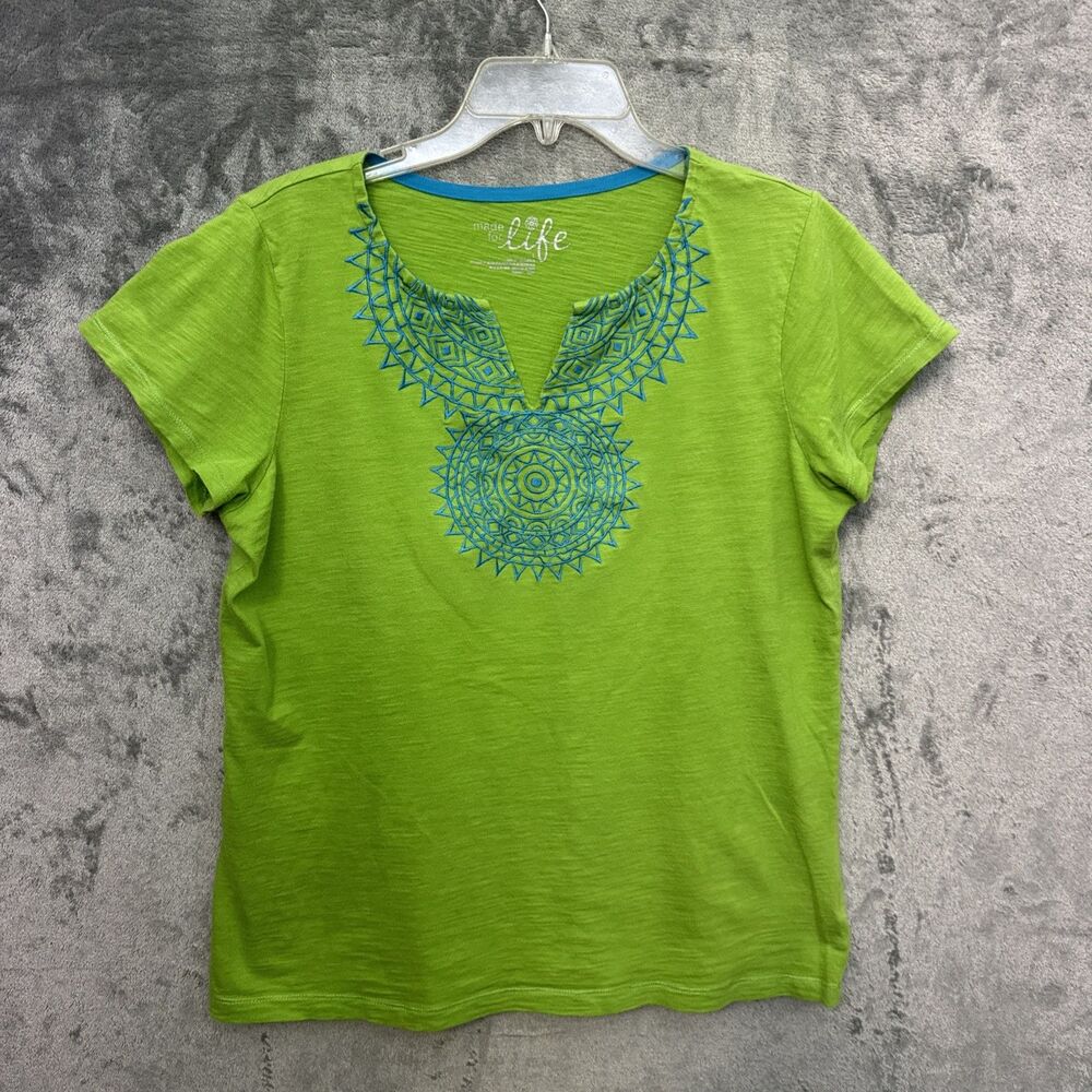 made for life womens top Lg green with blue emobroidery